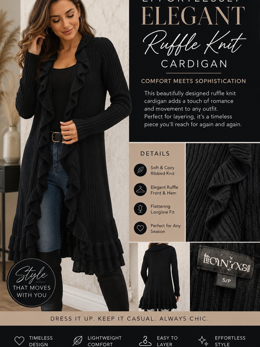 Onyx Black Ruffle Knit Cardigan
